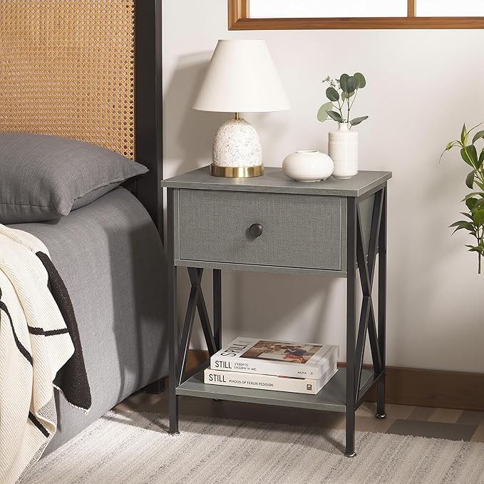 VECELO Nightstands Set of 2, Modern Bedside End Tables, Night Stands with Drawer and Storage Shelf for Living Room Bedroom, Industrial Metal Frame