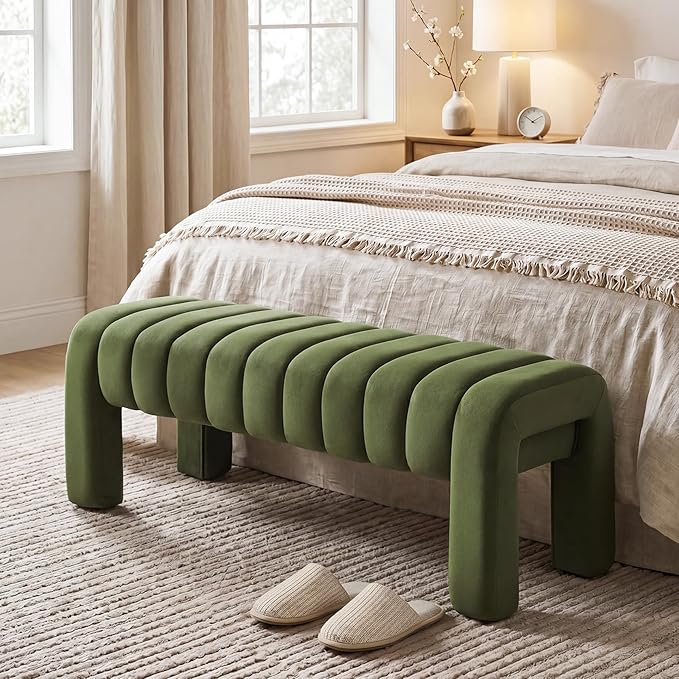 43’’ Bedroom Bench, Upholstered End of Bed Bench with Solid Wood Legs, Modern Small Dining Bench with Full Covered Fabrics for Entryway, Bedroom, Living Room (Green, Velvet)