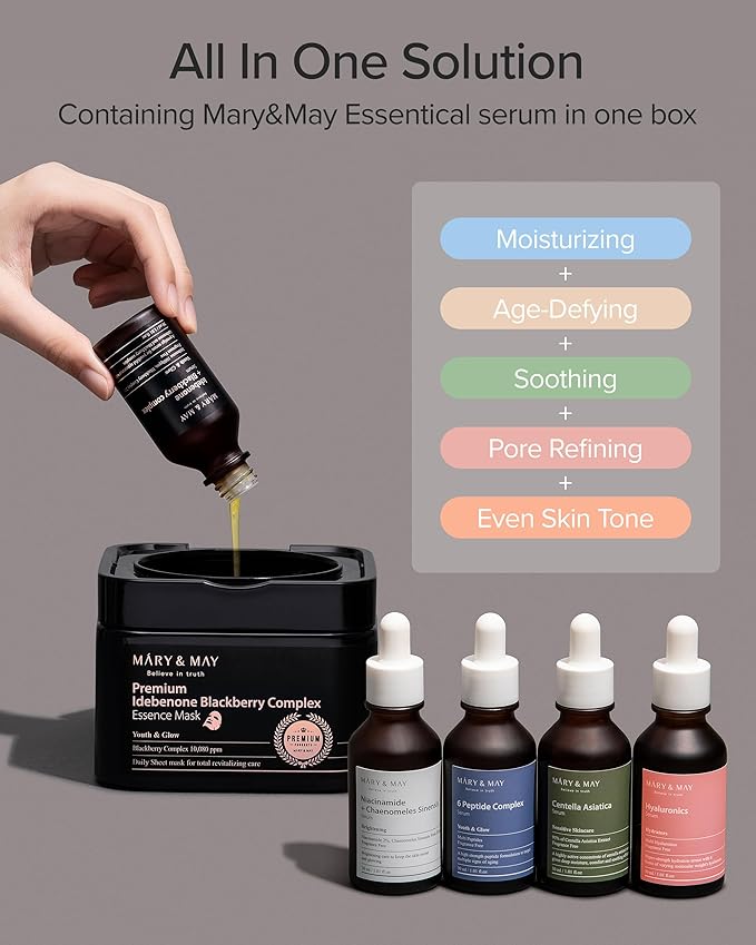 Mary&May Premium Idebenone Blackberry Complex Essence Mask (20 Sheets) – Bamboo Charcoal Sheet, Daily Pull-Out Dispenser Korean Face Mask with Vitamin C, Panthenol & Ceramide for Hydrating Radiance