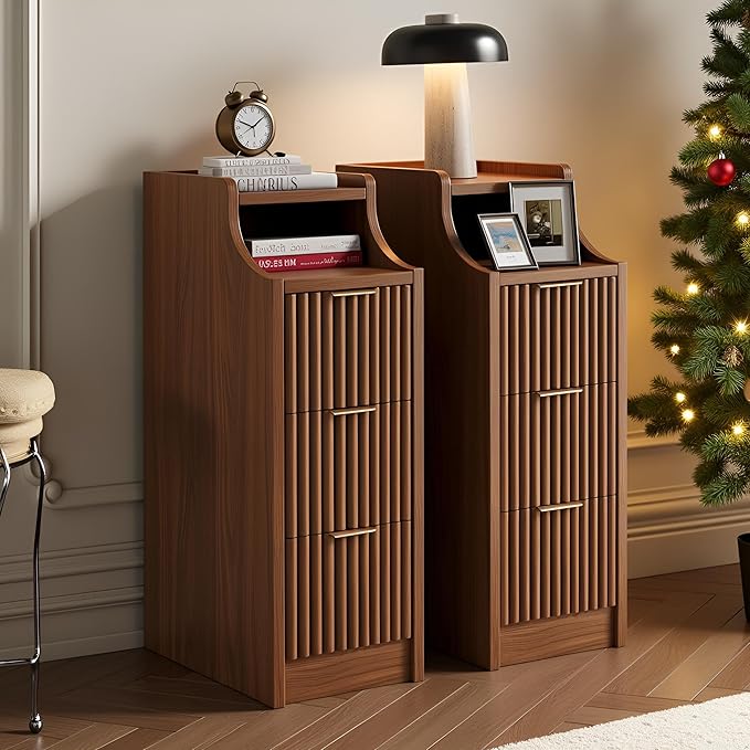 7.9" Narrow Nightstand Set of 2,23.6" Tall Fluted Bedside Table Set of 2, Slim Side End Table with 3 Drawers, Wooden Bedside Table, Mid Century Modern Night Stand for Bedroom Livingroom Sofa Office