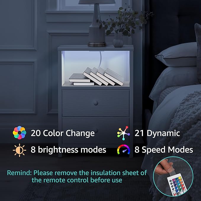 BOLUO White Nightstands Set of 2, Bedroom Night Stand Set Two Nightstand with Charging Station and LED Light, Bedside Table with 2 Fabric Drawers Modern