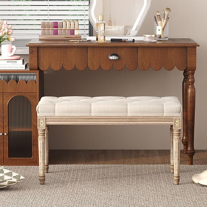 Yusong Upholstered Bench, Bedroom Bench for End of Bed, Piano Bench with Button Tufted Padded Seat for Living Room, Dining, Entryway, Shoe, Vanity Foot-Stool with Carved Wood Legs, Beige