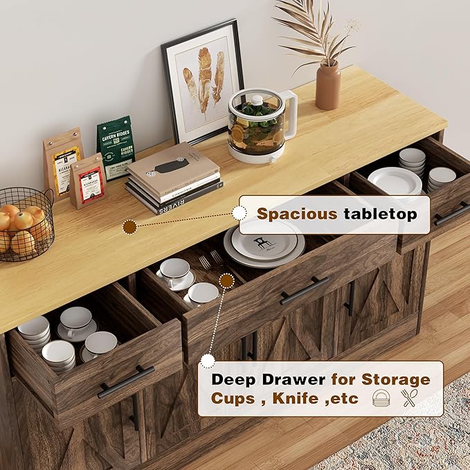 Vongrasig Buffet Cabinet with Drawers, 53” Large Sideboard Buffet Kitchen Storage Cabinet, Modern Farmhouse Coffee Bar with Shelves and Doors, Wood Buffet Table for Kitchen, Dining Room, Rustic Brown