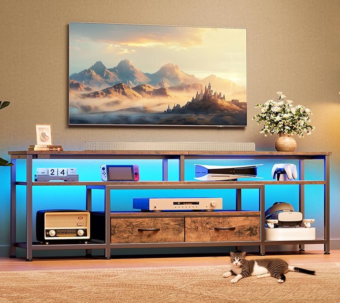 Huuger 63 Inch LED TV Stand for 65 70 Inch TV, Entertainment Center with Open Shelves and Power Outlets, TV Console for Living Room, Media Console with Drawers, Rustic Brown, 8779FC