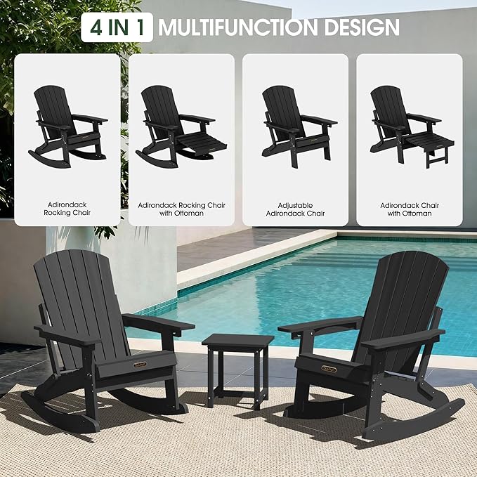 Adjustable Adirondack Rocking Chair with Retractable Ottoman Footrest, 4-in-1 Foldable HDPE Outdoor Rocker, Weather Resistant Adirondack Chair for Porch, Garden & Poolside, Black