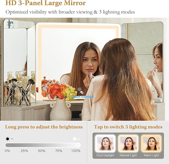 T4TREAM 48" Fluted Makeup Vanity Desk with HD Triple Mirror and Lights, Large Lighted Corner Vanity with Glass Top, Modern Dressing Table with 3 Drawers & 2 Cabinets for Bedroom, White Alder