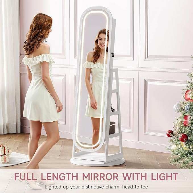 360° Swivel Jewelry Mirror Cabinet with Lights, Inside Makeup Mirror, Standing Jewelry Armoire Organizer, Rotatable Full-Length Mirror with Jewelry Storage, Lockable with Back Storage Shelves (White)