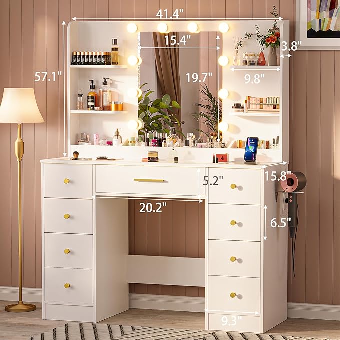 LAKEMID Vanity Desk with Mirror and Led Lights, Glass Top Makeup Table with 9 Drawers & Power Outlet,3 Lighting Modes & Adjustable Brightness,White Vanity Dressing Table for Women Girls Bedroom