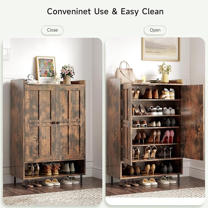 ONBRILL Shoe Storage Cabinet with Cross Molding Doors, 6-Tier Shoe Cabinet with 3 Adjustable Shelves and Metal Legs, 45 Inch Tall Shoes Rack Organizer for Entryway, Front Door, Rustic Brown