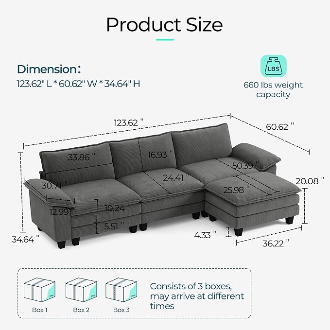 LINSY HOME 123" Modular L-Shaped Sectional Sofa, 3-Seat Corduroy Modern Cloud Couch with Deep Seat & 1 Movable Ottoman, Perfect for Living Room, Office, Bedroom, Grey