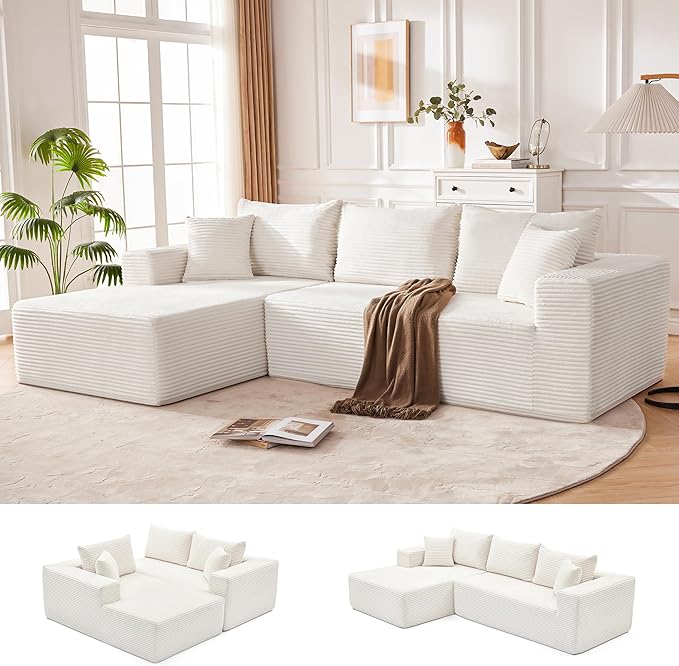 Mangodan 110” Cloud Sectional Couch, Modular Sectional Sofa for Living Room, Boneless Sofa with Deep Seat, Comfy Fluffy Couch with L-Shaped Chaise, No Assembly Required (Left-Facing Chaise, Beige)