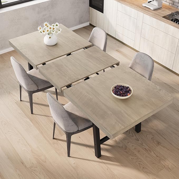 GarveeHome 63-83" Extendable Dining Table, Industrial Rectangular Dining Room Table for 6-8 People, Expandable Kitchen Table with Heavy Duty Metal Frame for Dining Room, Kitchen & Parties, Grey