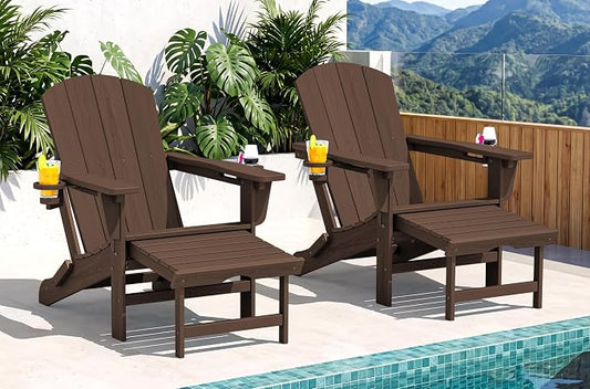 SERWALL Folding Adjustable Adirondack Chairs with Footrest Set of 2, HDPE Outdoor Chair with Dual Cup Holders, All Weather Adirondack Chair with Ottoman, Coffee