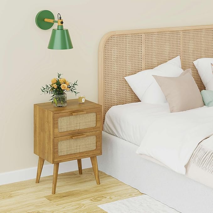 YAUKOMEL Rattan Nightstand, Wood End Table, Side Table with 2 Hand Made Rattan Decorated Drawers,Boho Bedside Table,Wood Accent Table with Storage for Livingroom, Bedroom, Toffee Wood CTG59T
