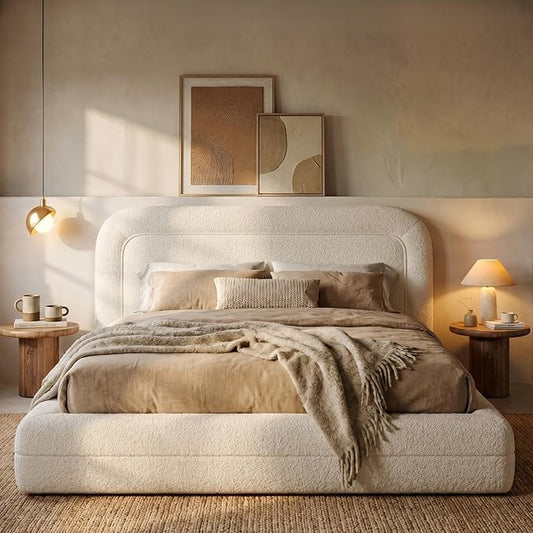 Homkdom Cloud Bed Frame with Headboard, Upholstered Soft Queen Bed Frame with Round Edges, Boucle Platform Bed for Modern Bedrooms & Apartment & Guest Rooms, No Box Spring Needed,Beige