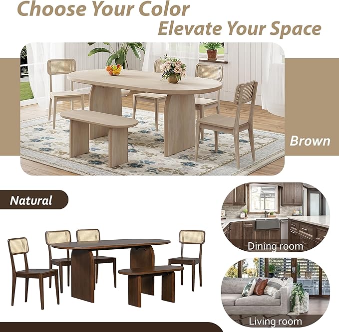 Merax 6 Pieces Modern Dining Set for 6, 71" Oval Rubberwood Dining Table with Bench and 4 Rattan Backrest Chairs for Dining Room, Living Room, Kitchen, Natural