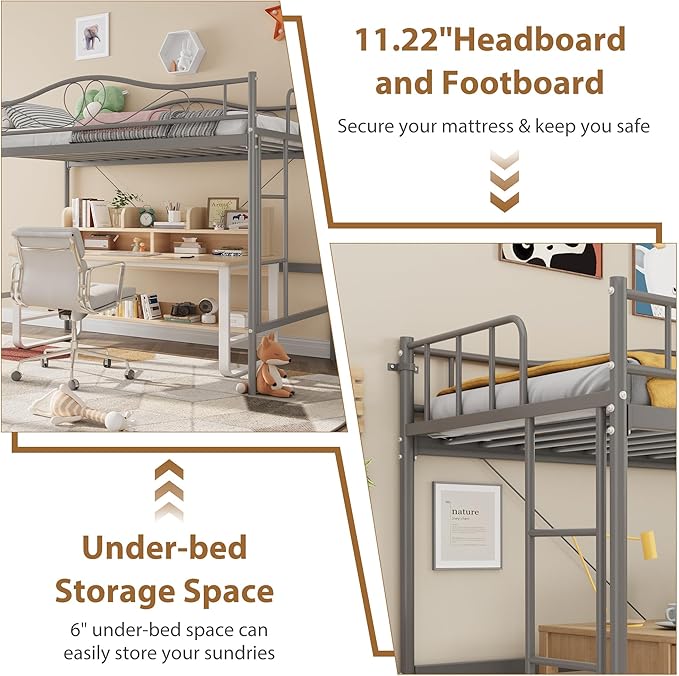 IDEALHOUSE Loft Bed Twin Size with Ladder & Full Safety Guardrail, Heavy Duty Metal Twin Loft Bed 400 Lbs Load Capacity, Space-Saving, Noise Free, No Box Spring Needed, Easy Assembly, Grey