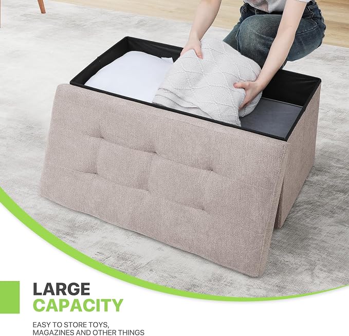 Magshion Folding Storage Ottoman Bench, 30 Inches Ottoman Foot Rest, End of Bed Bench, Storage Chest for Living Room, Entryway, Bedroom, 600 lbs Load Capacity, 15 x 30 x 15 Inches, Beige