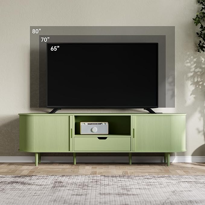 DHH 71" Fluted TV Stand with Power Outlet for TVs up to 80", TV Console with Adjustable Shelves and Sliding Door,Mid Century Modern Entertainment Center for Living Room,Bedroom (Green, 71Inch)