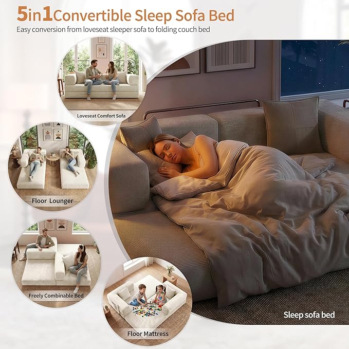 78.8" Convertible Sofa Bed with Armrest Pillow, 4-in-1 Sleeper Couch Bed for Livingroom, Modular Corduroy Boneless couches, No Assembly (Beige)