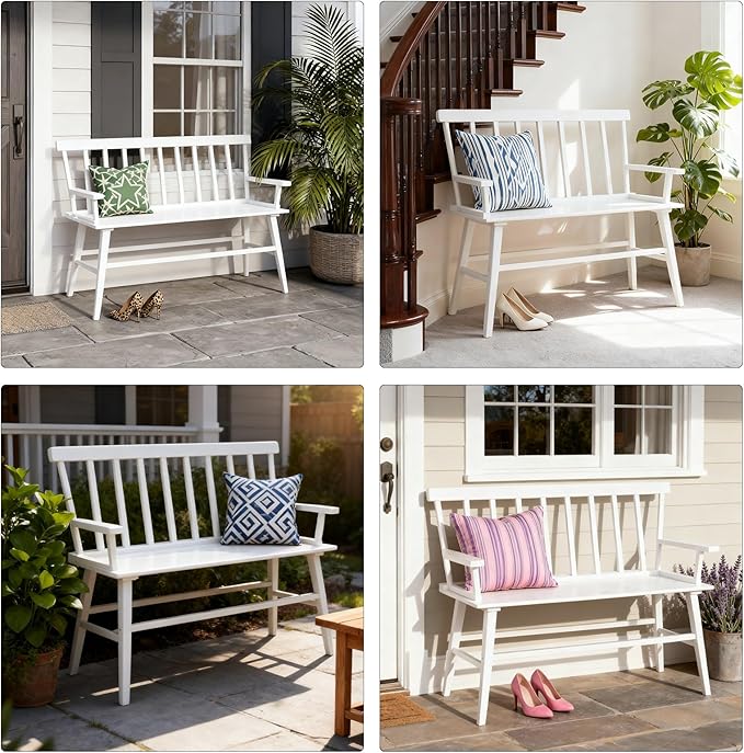 Dining Bench for Kitchen & Dining Room – Bamboo Wood Bench with Spindle Back & Armrests, Farmhouse Entryway Bench, Indoor Bedroom Bench, Versatile Entry Bench & Outdoor Bench Seating（White with Arm）