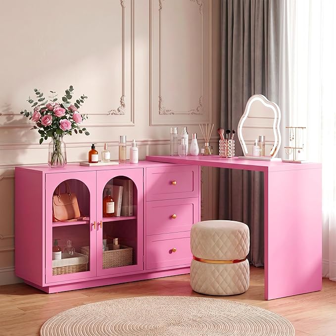 RoyalCraft 83" Makeup Vanity Desk, Pink Vanity Dresser, L Shaped Corner Vanity Table with 3 Drawer & 2 Door, Modern Extendable Dressing Table for Bedroom, Dressing Room, Small Space (Without Mirror)