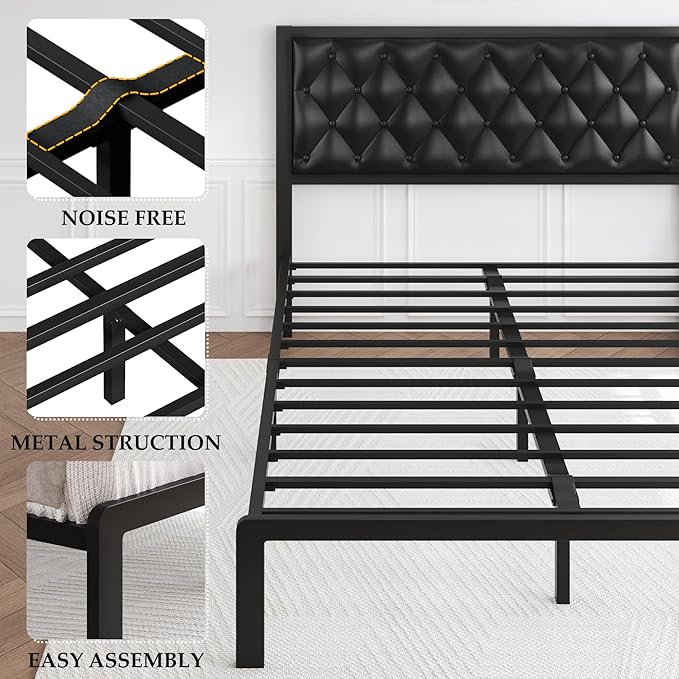 HISOFT Queen Bed Frame with Upholstered Button Tufted Headboard, Bed Frame Platform Metal Slats Support, Under Bed Storage, No Box Spring Needed, Noise-Free, Easy Assembly, Black