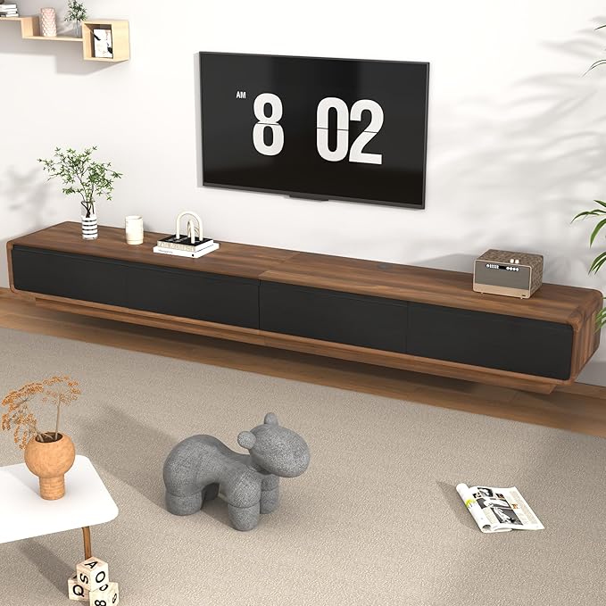chartustriable 94.5" Minimalist Floating TV Stand for TVs up to 100 Inches, Modern Wall Mounted Media Console with 2 Drawers, Entertainment Center for Living Room, Walnut and Black