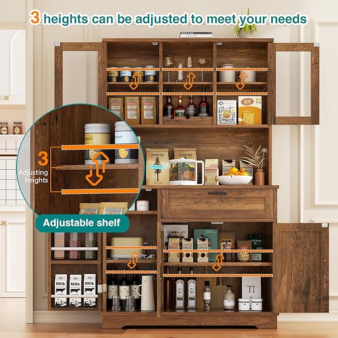 Vongrasig Tall Kitchen Pantry Storage Cabinet, Modern Pantry Cabinet with Hutch and Microwave Stand, Modern Kitchen Coffee Bar Hutch with Shelves for Dining Room, Brown