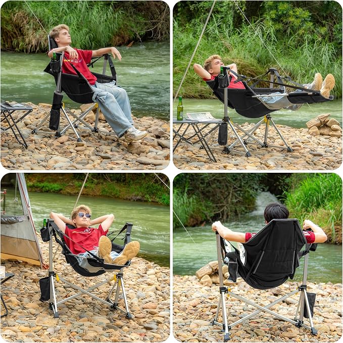 2 Pack Oversized Swing Hammock Camping Chairs with Footrests & Headrests, 440LBS Aluminum Reclining Outdoor Lounge Chairs, 49" Tall Folding Chairs with Cup Holders,Black