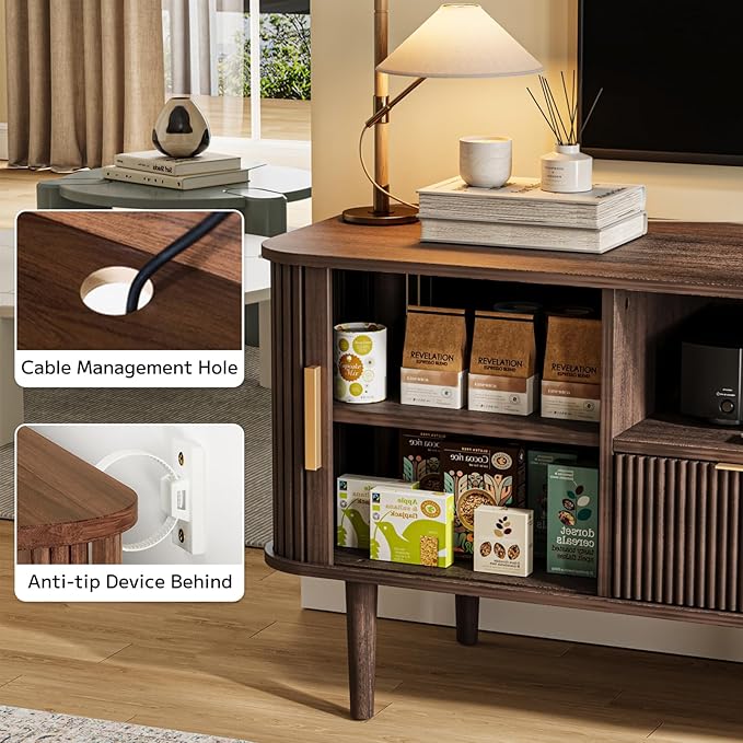 Mid Century TV Stand for TVs Up to 70 Inch, Fluted Media Console with Tambour Sliding Door, Solid Wood Entertainment Center with Storage for Living Room Bedroom Office(Walnut)