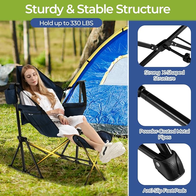 GYMAX Hammock Camping Chair, Folding Camp Chair with Detachable Footrest, Adjustable Backrest, Pillow, Cup Holder & Carry Bag, Portable Rocking Camping Chairs for Beach Lawn Fishing (2, Navy)
