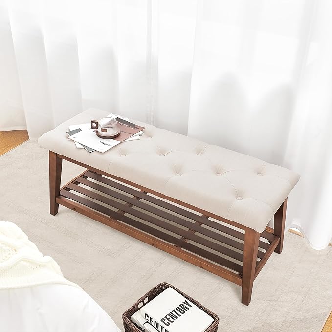 kinmars Upholstered Bench for Bedroom End of Bed,42.5-inch Entryway Bench for Living Room,Dining Bench with Padded Seat and Solid Wood Leg for Kitchen Bedroom,Indoor and Hallway (Shoe Bench, Beige)