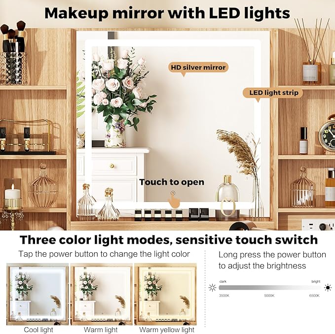 Arulvmrn 43" Makeup Vanity Desk with Mirror and Lights, & Power Outl, Glass Top Big Vanity Table with 9 Drawers& 8 Storage Shelves, Dressing Table Set with Chair for Bedroom, Oak