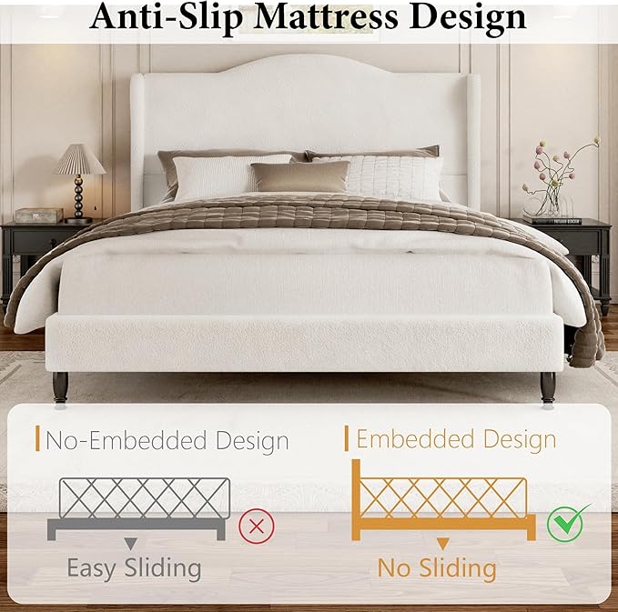 Queen Bed Frame with Wingback Headboard, Upholstered Boucle Platform Bed Frame, Solid Wooden Slats Support, Noise-Free, No Box Spring Needed, Soft Cloud Bed for Bedroom, Cream