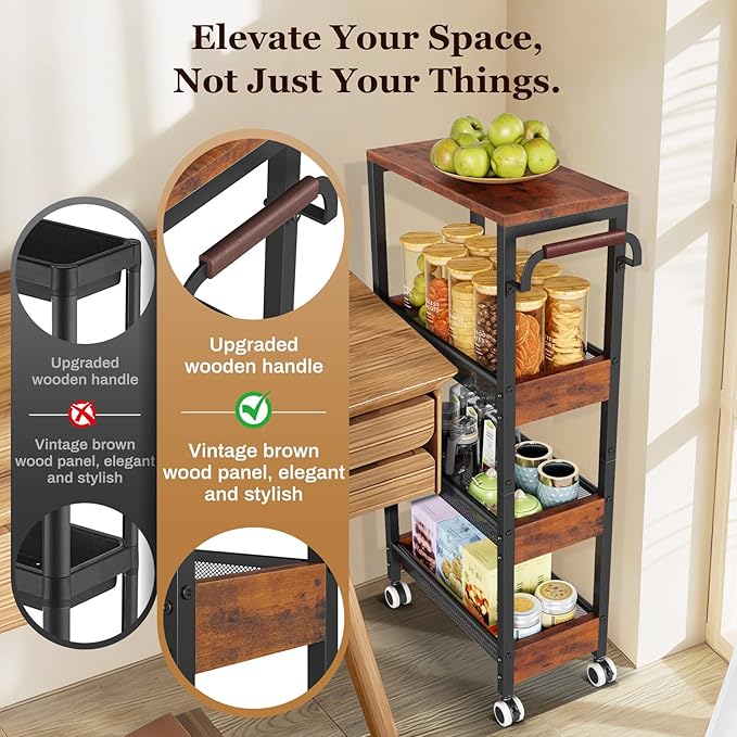 Utility Slim Storage Cart with Wheels, 4 Tier Slim Rolling Cart, Slim Rolling cart for Kitchen,Small Rolling Cart with Wood Top, Skinny Metal Organization Trolley Laundry with Handle for Small Space