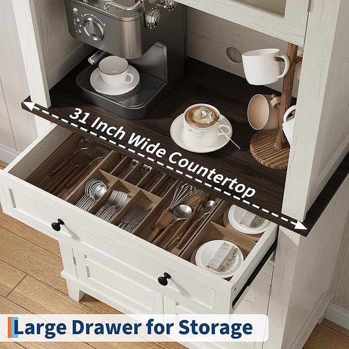 IDEALHOUSE Farmhouse Coffee Bar Cabinet with 2 Glass Doors, 72'' Black Bar Cabinet with 1 Drawer, Tall Wine Bar with Metal Handle, Coffee Bar Hutch with Storage for Living Room (Light White)