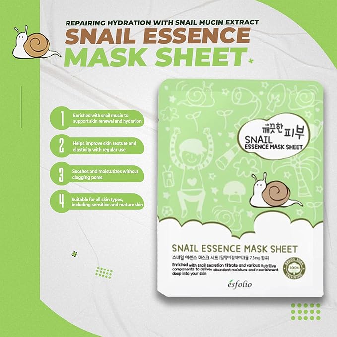 esfolio Snail Essence Mask Box – Hydrating & Repairing Sheet Masks, Korean Skincare for Moisturizing, Soothing, and Skin Renewal, Anti-Aging Face Mask for All Skin Types (Pack of 10)
