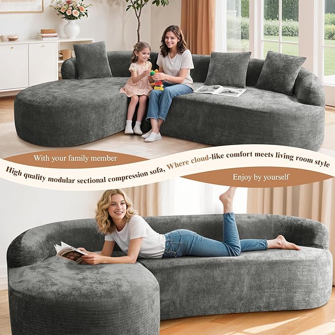 99" Curved Sectional Sofa with Chaise, Modern Boneless Couch with Deep Seat, L Shaped 3-Seater Cloud Couch for Living Room, No Assembly Needed, Chenille (Gray, Left Chaise+Right Sofa)