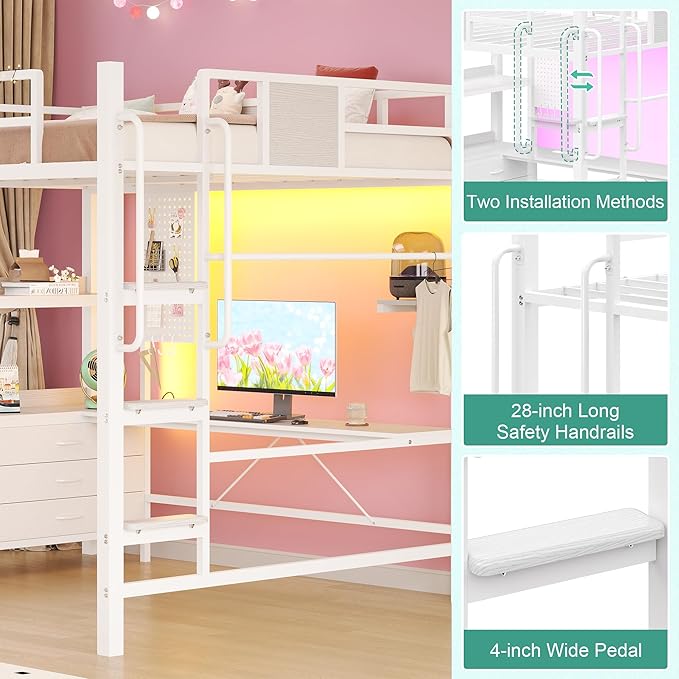 BYSAUD Loft Bed with Desk, Full Size loft Bed, Loft Beds Full Size with Stairs&5 Fabric Storage Drawers,Charging Station&LED Lights,Removable Guard Ladder, Noise Free, No Box Spring Needed (White)