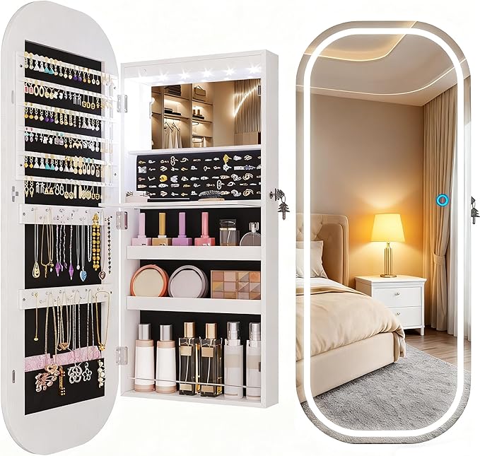 LVSOMT LED Mirror Jewelry Cabinet, Wall/Door Mount Jewelry Mirror Organizer, Rounded Full Length Mirror with Storage, Lockable Jewelry Armoire, 16" Wide, Foldable Shelf, Interior Mirror, White