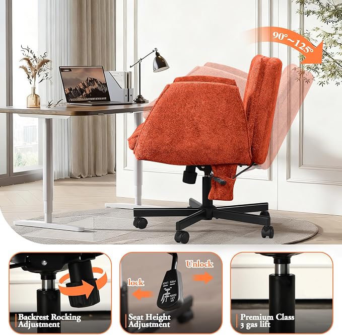 Criss Cross Chair with Lumbar Airbag & Folding Arms Relieve Back Pain, Wide Cross Legged Office Chair for Home Office, Comfy Swivel Desk Chair with Wheels, 5 Level Adjustable Armrest, Chenille(Orange)