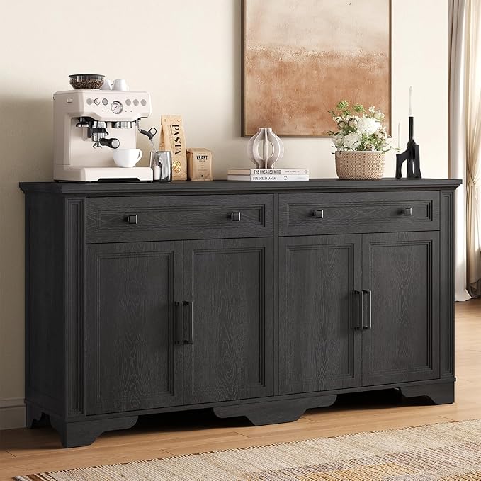 ONBRILL 63" Sideboard Buffet Cabinet, Kitchen Buffet Storage Cabinet, Large Credenza with Drawers & Doors, Wood Coffee Bar Console Wine Bar for Living Room Hallway Black