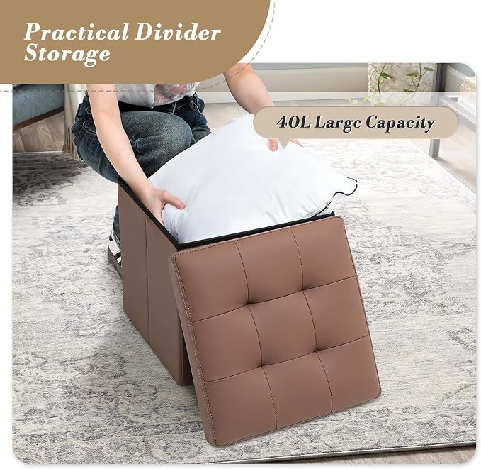 Athena Collection Leather Square Ottoman with Storage, 15 Inch Small Storage Ottoman, Multipurpose Footstool Foot Rest for Living Room, Bedroom, Dorm, Brown
