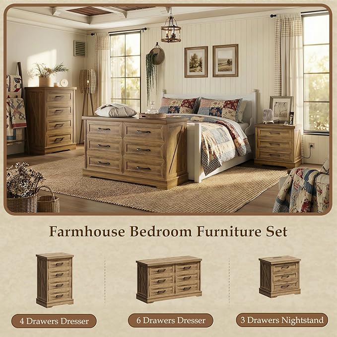 AODK 24 Inch Farmhouse Nightstand Set of 2, Bedside Tables with Charging Station, Large End Tables with 3 Drawers, Rustic Night Stands with Outlet and USB for Bedroom& Living Room, Light Walnut