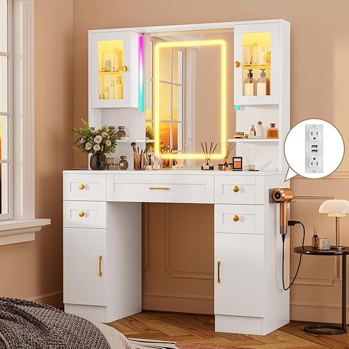 KAMABOKO Vanity Desk with Mirror and Lights, Makeup Vanity Table with Drawers & Shelves, Power Outlet, Dressing Table with Jewelry Storage for Bedroom (049 White)
