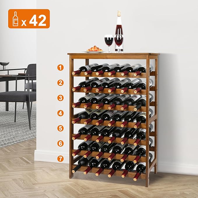 VASMIA 42 Bottles Bamboo Wine Rack,7-Tier Wine Rack Freestanding Floor with Table Top, Wine Storage Shelf for Kitchen Dining Room Bar,Walnut
