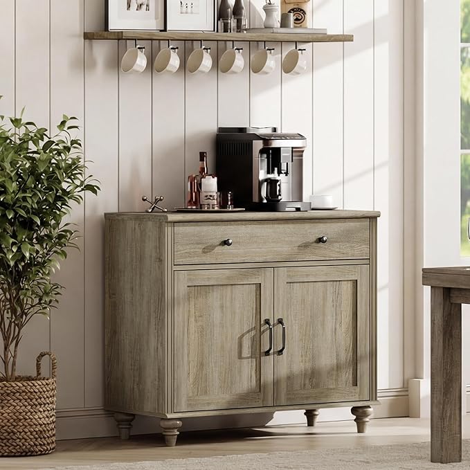 WAMPAT Buffet Cabinet with Doors & Drawer, Large Coffee Bar Table Wood Kitchen Storage Cabinets with Storage Cabinets, Modern Farmhouse Sideboard Credenza for Dining Room, Wash Grey, 34 inch