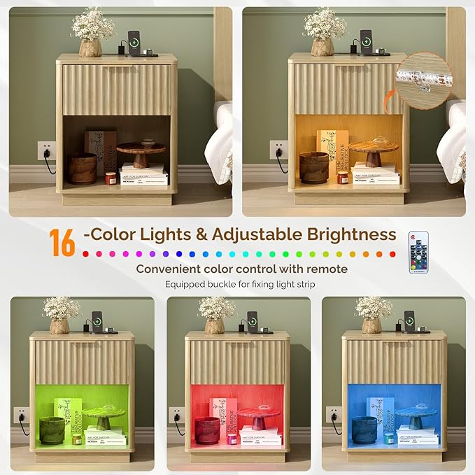 VINGLI 19"W Nightstands Set of 2 with Charging Station, LED Nightstand Fluted with Rounded Edge, Mid Century Modern Nightstand for Bedroom, Fluted Bed Side Table, Oak Night Stand, 18.9"W*15"D*22.4"H
