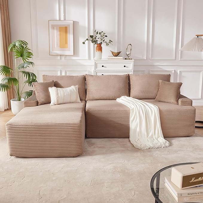 Mangodan Cloud Sectional Couch, Boneless Sofa for Living Room, Modular Sectional Sofa with Deep Seat, Fluffy Comfy Couch with L-Shaped Chaise, No Assembly Required, Camel